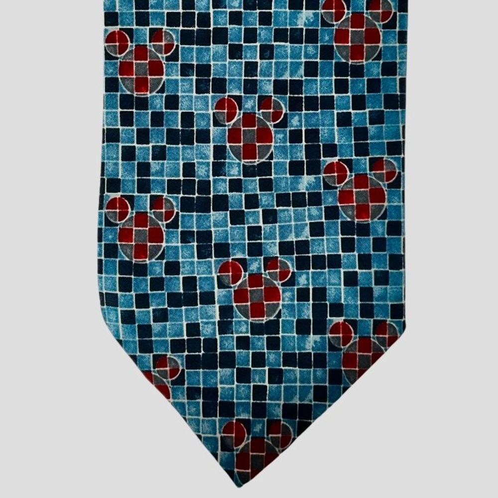 Disney Mickey Mouse Mosaic Pattern Tie in Turquoise Blue and‎ Burgundy